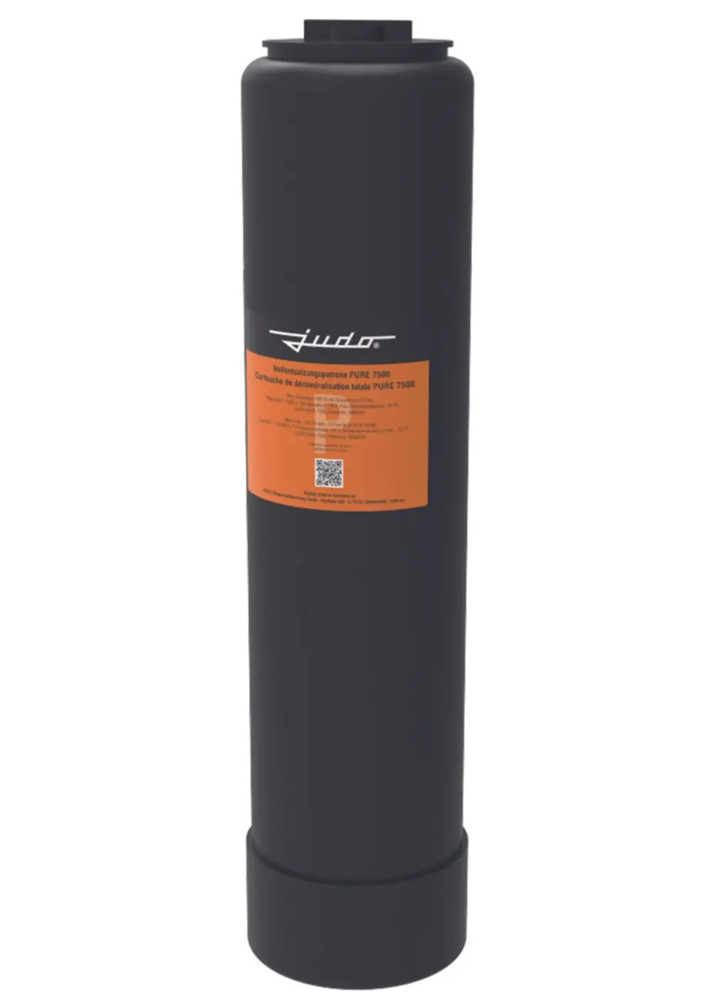 Schwarzer zylindrischer Wasserfilter mit orangefarbenem Etikett. Marke Judo, Gerätebezeichnung und technische Informationen sind auf dem Etikett abgedruckt.